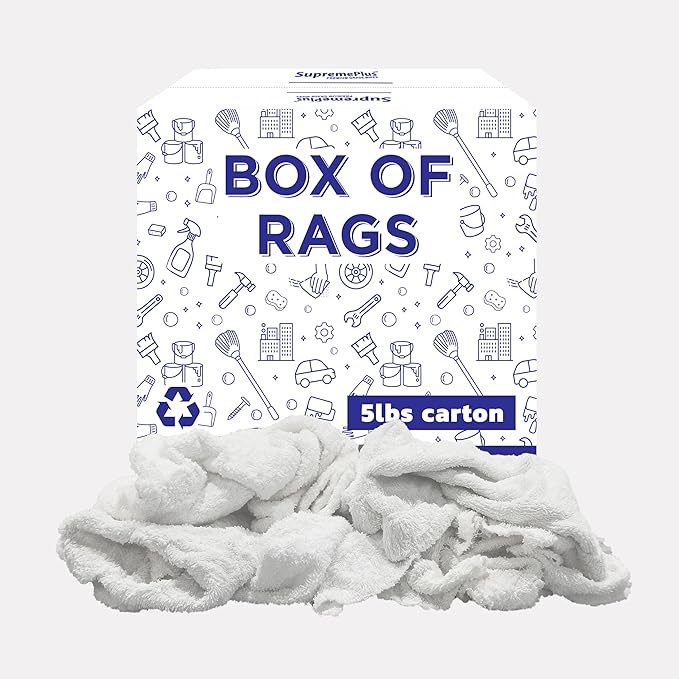 Recycled White Terry Cloth (5 lbs.) Box of Rags - High Absorbent Terry Towel Cleaning Rags for House, Industrial & Workshops, Bulk Shop Rag