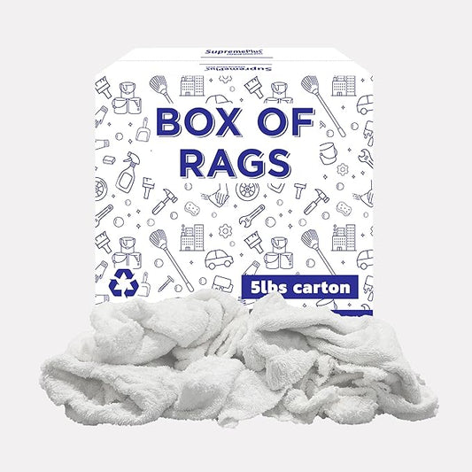 Recycled White Terry Cloth (5 lbs.) Box of Rags - High Absorbent Terry Towel Cleaning Rags for House, Industrial & Workshops, Bulk Shop Rag