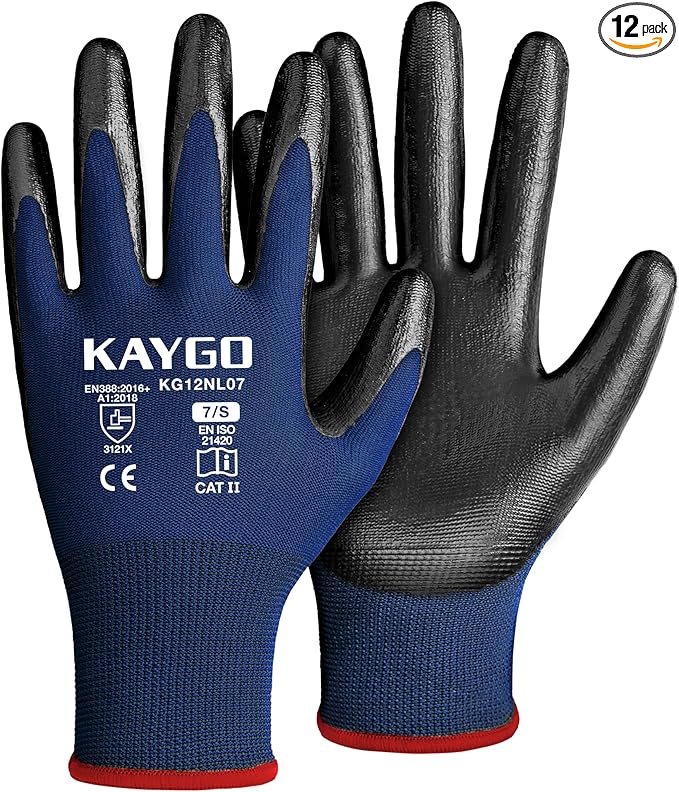 KAYGO Work Gloves Nitrile Coated, 12 Pairs KG12N，Seamless Knit, Protective Safety Work Gloves with Good Grip for General Work,Blue, S