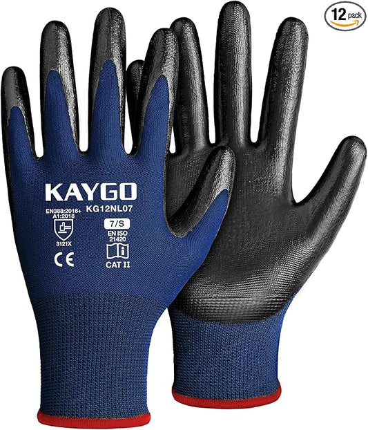 KAYGO Work Gloves Nitrile Coated, 12 Pairs KG12N，Seamless Knit, Protective Safety Work Gloves with Good Grip for General Work,Blue, S