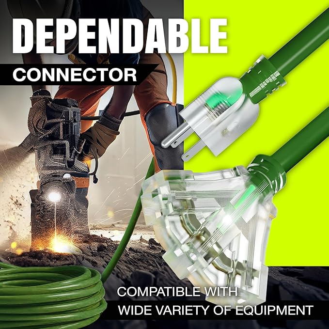 50ft Outdoor/Indoor Extension Cord 3-Outlet 12/3 Gauge Extra Heavy Duty ETL Listed, 3 Prong SJTW, Waterproof, Flexible Cold-Resistant Long Power Cord,15A 125V 1875W, Green by LifeSupplyUSA