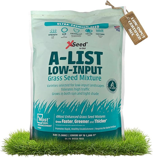 A-List Low Input Mixture Lawn Seed - Premium Grass Seeds for Lawn Repair Over Seeding and Thickening Ideal for Low Maintenance Drought-Resistant Lawn for High Traffic Sun and Light Shade Mix, 3 Pounds