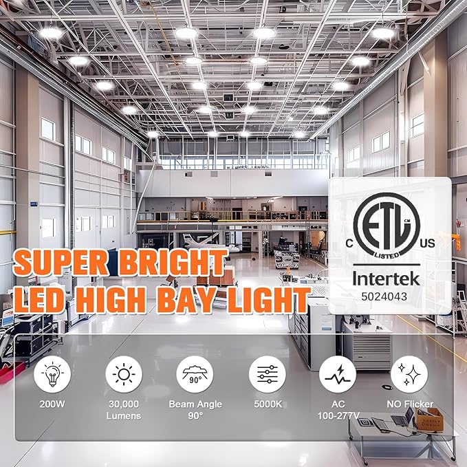 VOLISUN 1 Pack UFO Led High Bay Light 30,000LM, 200W, 5000K Daylight, 100-277V High Bay Led Shop Light, ETL Listed Commercial Bay Lighting for Garage Workshop Barn Factory Warehouse