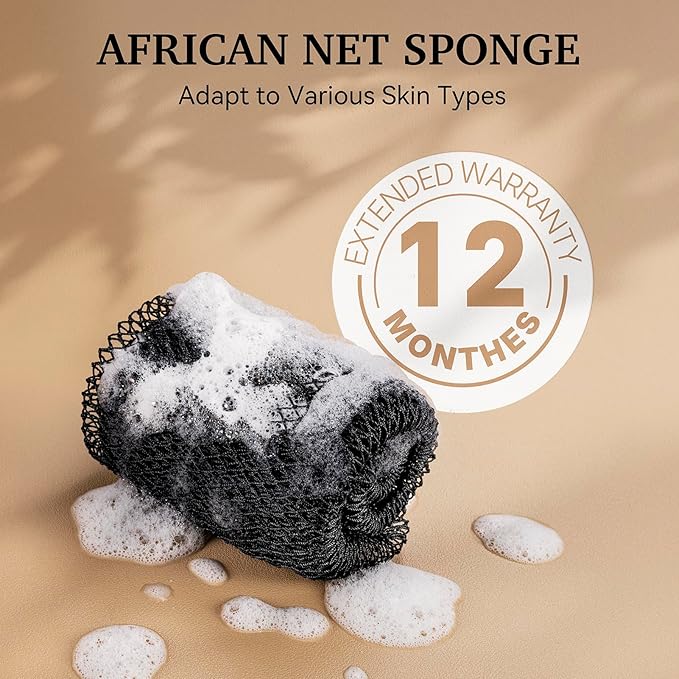 CORATED African Net Sponge Authentic, Shower Loofah Exfoliating Bath Sponge, Body Scrubber for Women and Men Daily Use Body Care, Travel Portable Bath Accessories for Bathroom (Black & Dark Green)