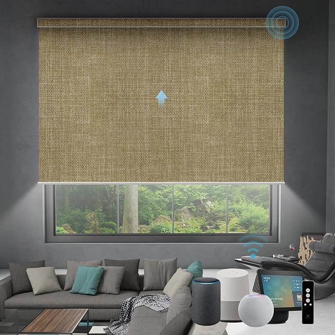 SmartWings Motorized Roller Shades Work with Homekit, 100% Blackout Smart Blinds for Windows, Cordless Remote Control Window Shades, Vigor Wheat, Customized Size