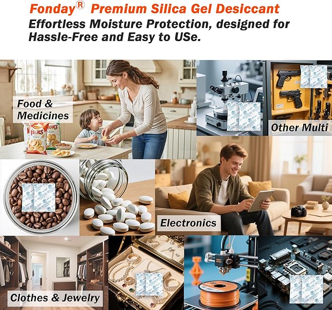 2g x 2500 Packs Fonday Food Grade Silica Gel Desiccants Packs Moisture Absorbers Dehumidifier for Food Storage, Electronics, 3D Filament & Safes