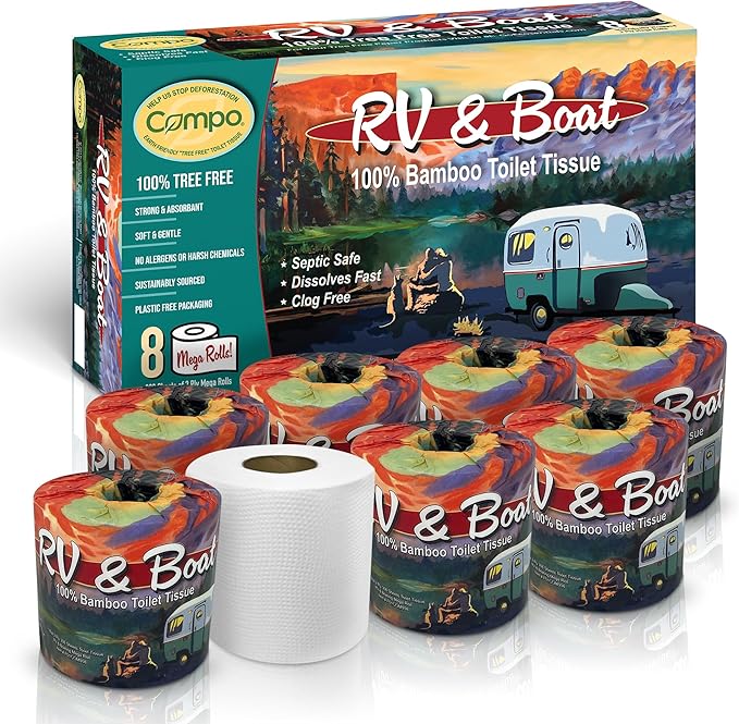 Compo Boat & RV Toilet Paper, 100% Bamboo Toilet Paper for Marine, Motor Homes and Travel Camper Use, Rapid Dissolve, Septic Safe, Plastic Free Packaging, 308 2-Ply Sheets per Roll (8 Compact Rolls)