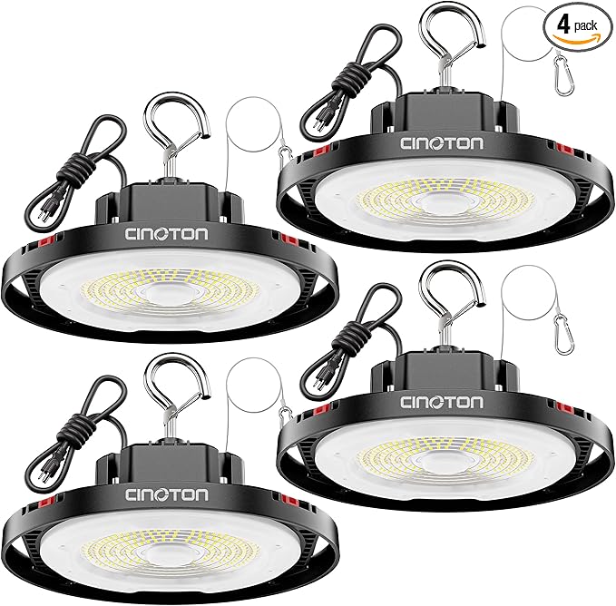 CINOTON 100W UFO LED High Bay Light, Aluminum LED Shop Lights with 15000LM, 5000K Commercial Bay Lighting for Warehouse Garage Workshop Factory Hall, 6' Cable & Safety Rope, ETL Listed 4 Pack
