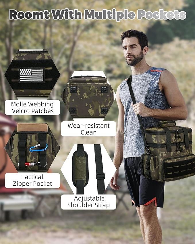 Tactical Lunch Bag & Lunch Box for Men - Large Double Deck Expandable Insulated Soft Adult Lunchbox for Work - Cooler Bag for Beach, Picnic, Camping,Outdoor，Travel (Camo,23L)