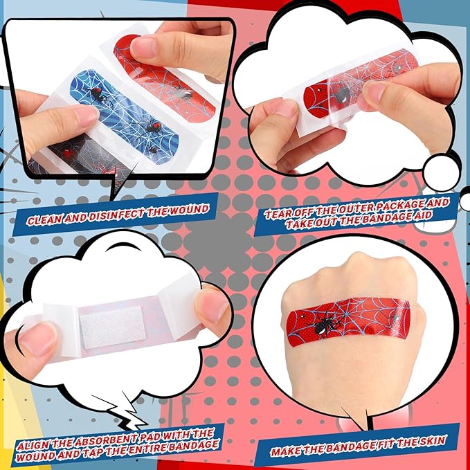 Patelai 300 Pieces Kids Bandages Bulk 10 Styles Children's Adhesive Flexible Colorful Cute Cartoon Bandages Waterproof Breathable Stickers Protection Care Cuts for Girls Boys(Spider)
