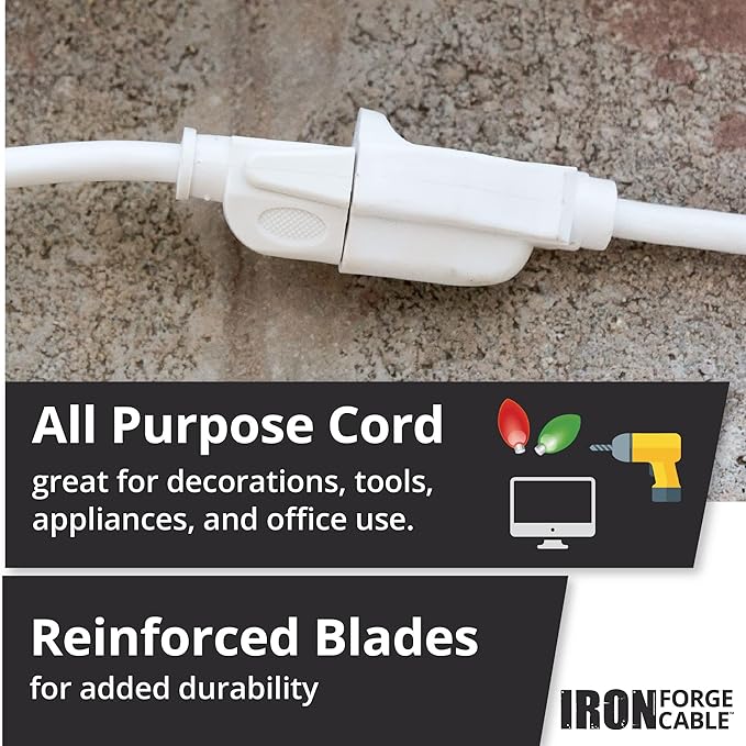 Iron Forge Cable Weatherproof 10 Ft Outdoor Extension Cord - 14/3 SJTW Heavy Duty White Extension Cord 3 Prong - 15 Amp Exterior Power Cable