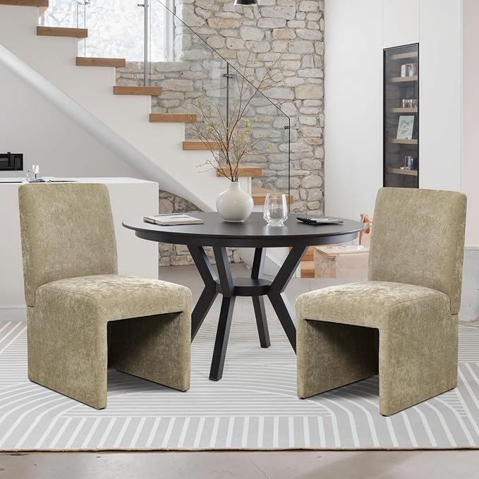 Upholstered Dining Chairs Set of 2 Modern Kitchen & Dining Room Chairs Linen Fabric Dining Chairs with Wooden Frame, Khaki