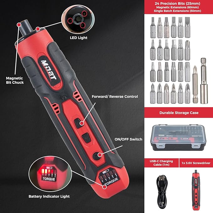 3.6V Cordless Impact Screwdriver Gun, 1.5Ah Lithium Battery, 1/4" Chuck, 3-10 N.m Torque, 300RPM, Includes Magnetic Bits & Case – Electrician Tools Set