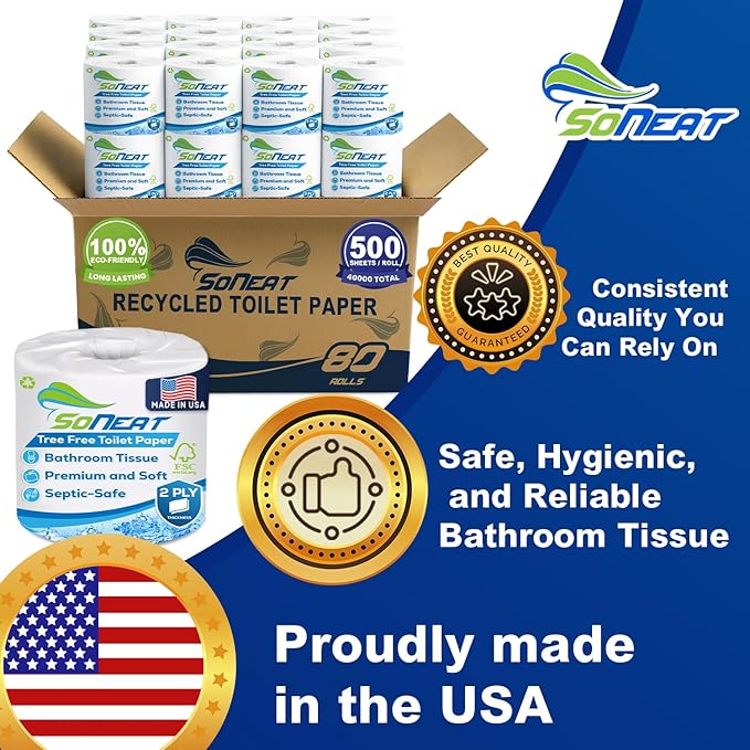 2-Ply Toilet Paper Bulk | Septic safe toilet paper | 40,000 Soft Sheets | 80 Rolls x 500 Sheets Each | Recycled Fiber & Strong Bath Tissue Mega Pack for Home & Commercial Use | Made In USA