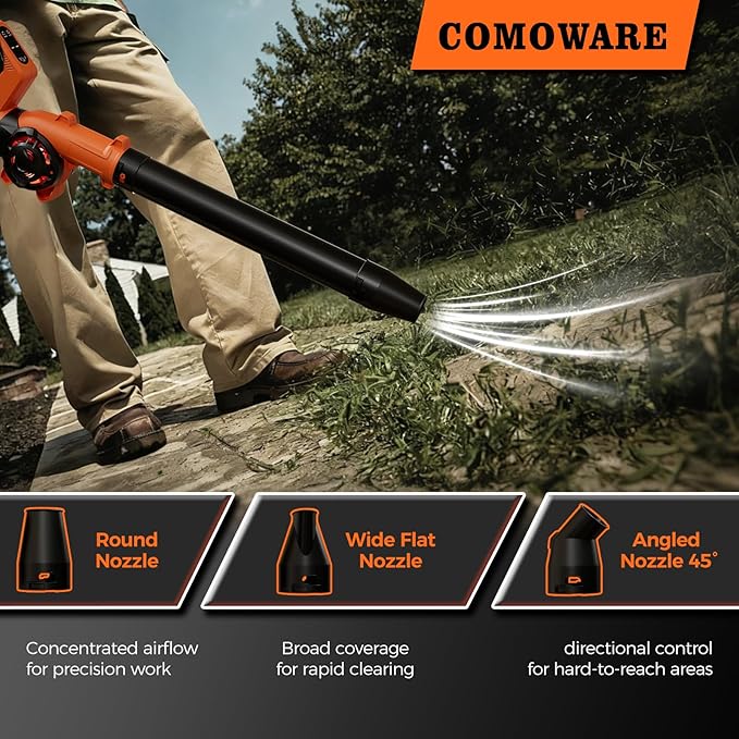 COMOWARE Leaf Blower Cordless, 210 CFM & 3 Speed Levels, Electric Cordless Leaf Blower with 4.0Ah Battery, 270° Adjustable Handle, 3 Nozzles, Blowers for Lawn Care, Yard, Blowing Leaves, Dust, Snow