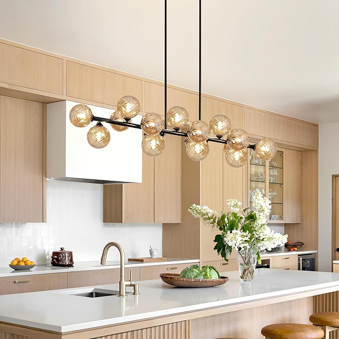 Dining Room Light Fixture, 55" Modern Chandelier Linear Sputnik Chandeliers with Amber Swirled Globe Farmhouse Chandeliers for Dining Room Kitchen island 16 Lights Large Chandelier for High Ceiling