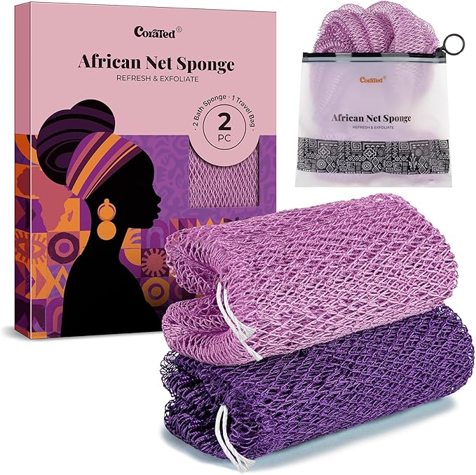 CORATED African Net Sponge Authentic, Shower Loofah Exfoliating Bath Sponge, Body Scrubber for Women and Men Daily Use Body Care, Travel Portable Bath Accessories for Bathroom (Purple & Light Purple)
