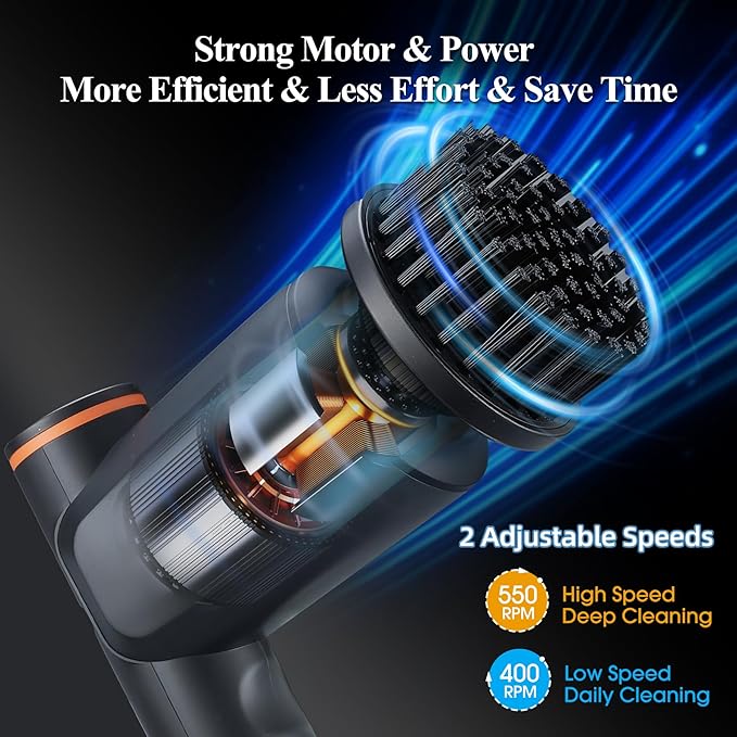 Electric Spin Scrubber, ‌Cordless Cleaning Brush with 6 Replaceable Heads‌, ‌2 Speeds & 4-Hour Runtime‌, IPX7 Waterproof, Shower Scrubber with LCD Display, ‌Bathroom, Kitchen, Car, Gray-Black