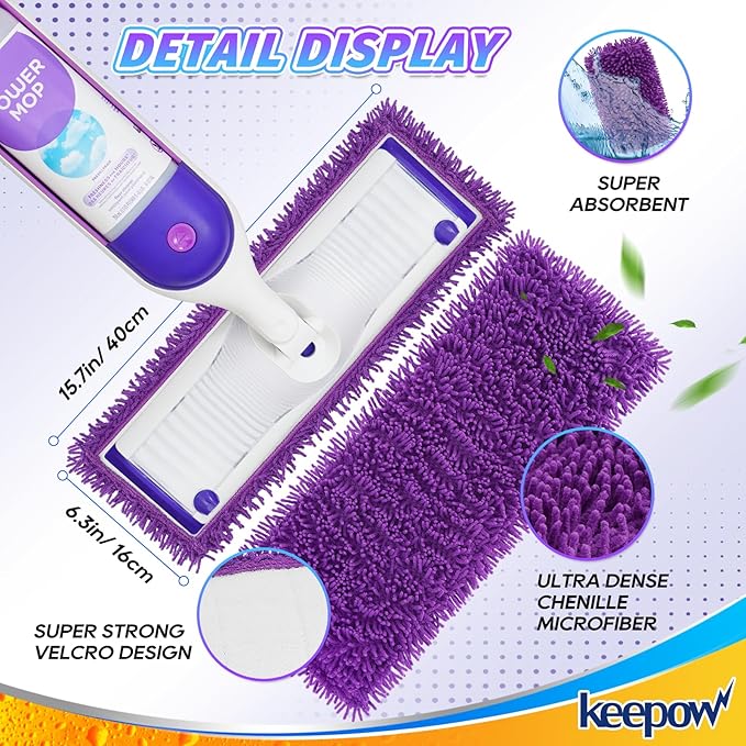 KEEPOW 6 Pack Reusable Mop Pads Compatible with Swiffer PowerMop, Wood Floor Pads Microfiber Mop Replacement Refills Machine Washable for All Floor Surfaces