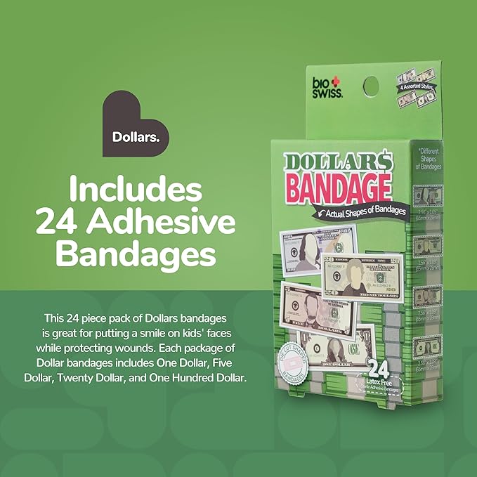 BioSwiss Kids Bandages, Money Shaped Self Adhesive Bandage Set, Latex Free, Sterile Wound Care, 24 Count