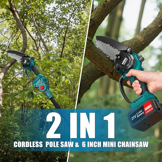 Anbull 2-IN-1 Cordless Pole Saw & 6 Inch Brushless Mini Chainsaw with 2x 4.0Ah Battery, Electric Pole Saws for Tree Trimming, with 15.5ft Max Extension Pole for Tree Branches Wood Cutting