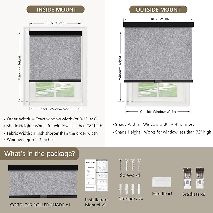 Cordless Blackout Roller Shades Blinds for Windows Free-Stop,Pull Down Room Darkening with Valance,Thermal Insulated Woven Fabric Window Door Blinds for Home,Office,Heather Grey 42" W x 72" H