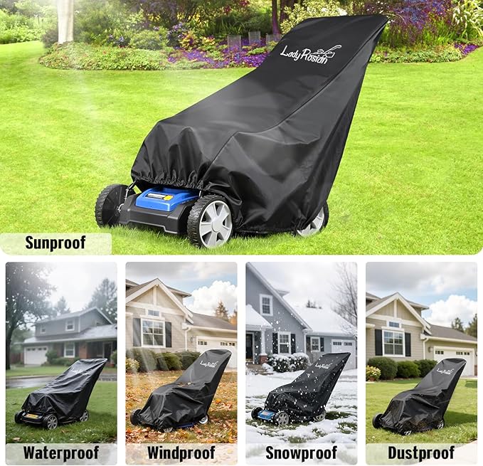 Outdoors Lawn Mower Cover - Heavy Duty Oxford Waterproof UV Protection Universal Fit Push Mower Covers ,with Waterproof Lawnmower Covers for Outdoor(Black, 74L x 25W x 39H)