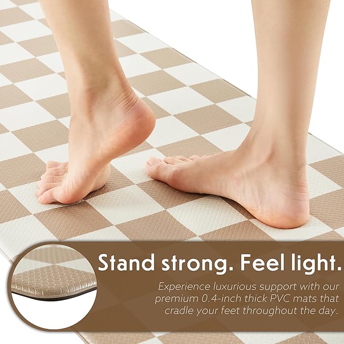 Checkered Kitchen Mats for Floor Set of 2, 2 Pcs Beige Khaki Cushioned Non Slip Runner Rugs for Kitchen/Sink/Laundry, Comfort Aesthetic Cute Anti-Fatigue Foam Floor Mat 17.3"x29.5"+17.3"x47.2"