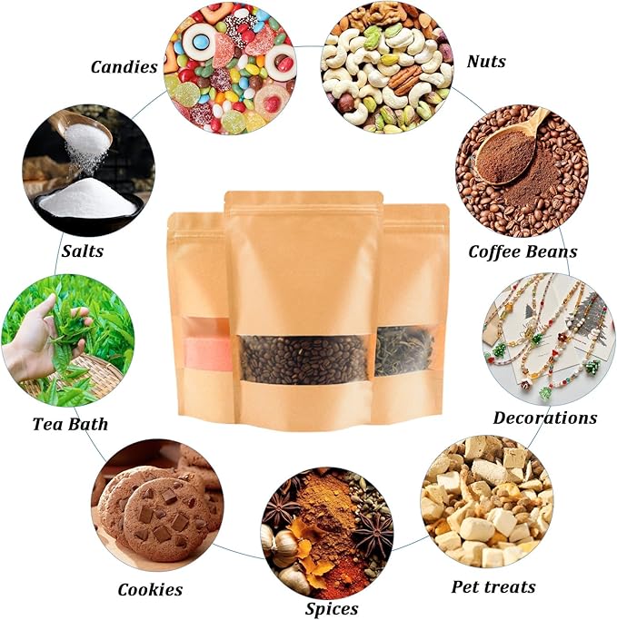 100PCS Kraft Paper Bags with Window(6.3" X 10.2"), Resealable Paper Bags for Food Storage, Stand Up Treat Bag Reusable for Candy, Cookie, Heat Seal Paper Bag for Small Business