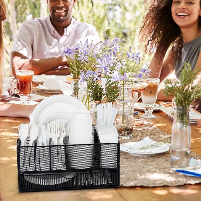 Paper Plate Organizer for Countertop, Paper Plate Dispenser with Drawer and 6 Compartments, Utensil silverware Caddy Holder, Black Cutlery Flatware Organizer with Non-slip mat
