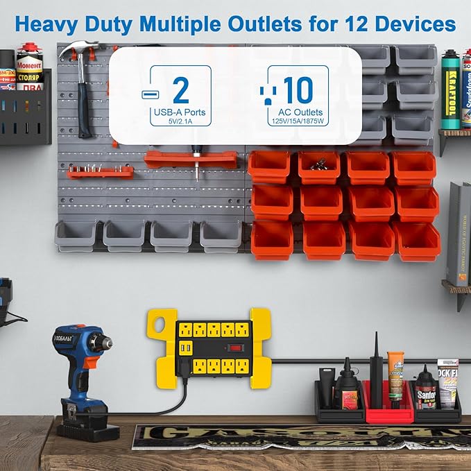 CCCEI Heavy Duty Power Strip with USB Ports, Garage 10 Outlets Surge Protector 2700 Joules, Industrial Workshop Metal 15Amp Multiple Outlets, 6 FT Extension Cord and Wide Spaced Black