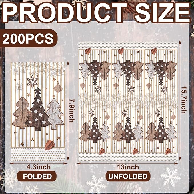 Jetec 200 Pcs Christmas Napkins Disposable Christmas Tree Paper Guest Towels for Bathroom Decorative Hand Towel 2 Ply Guest Paper Napkins for Xmas Winter Holiday Kitchen Party Supplies