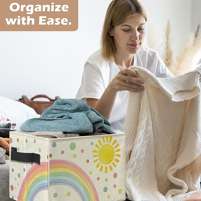 Boho Sun Rainbow Nursery Storage Bins, Colorful Boho Sunshine Collapsible Storage Box Laundry Basket with Handle for Kids Bedroom Bathroom Playroom Nursery Clothes Toys Books