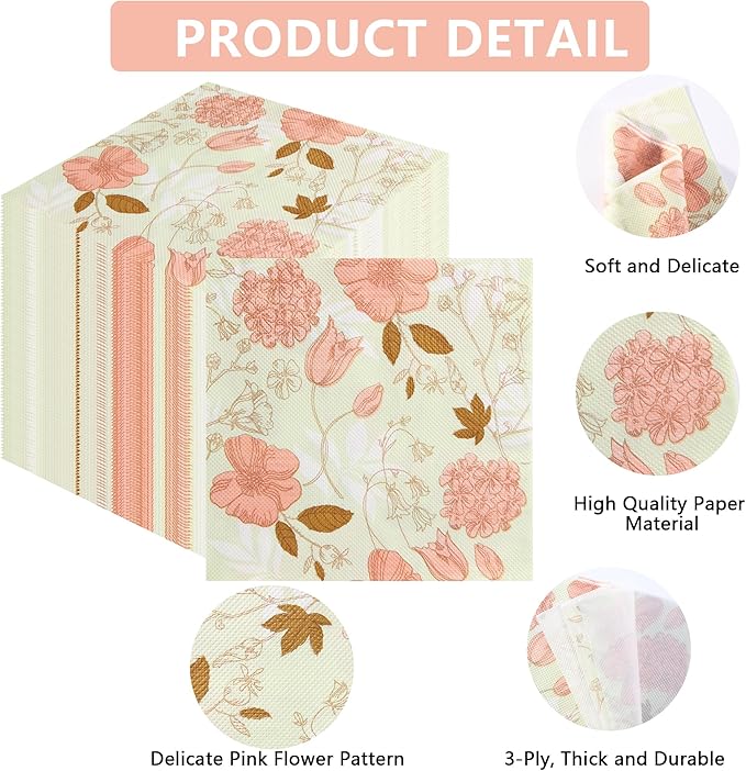 LASLU 100 Floral Guest Napkins Pink and Green Toile Disposable Paper Napkins Decorative Flower Bathroom Hand Towels for Bridal Baby Shower Tea Party Birthday Party Supplies