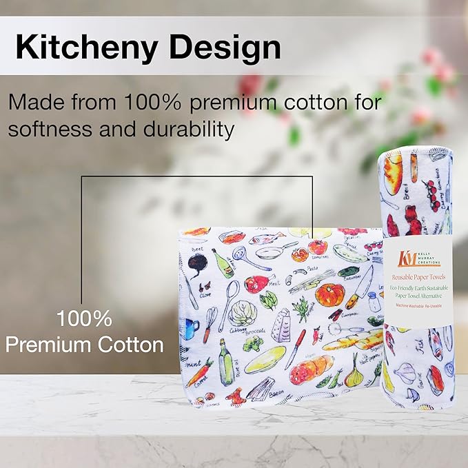 Pack of 10 Reusable Paper Towels | 10x10 Inch Cotton Towels | Kitchen Utensils Print | Eco Friendly, Washable, Quick Drying | Sustainable Cleaning Cloths | Kitcheny