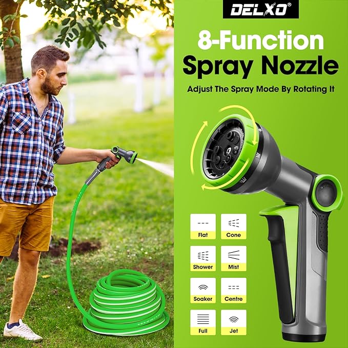 Delxo Garden Hose with Nozzle, 3/4 in. x 50 FT Non-Expanding Water Hose with Aluminum Alloy Interface, Heavy Duty Manguera Para Jardin, Water Pipe, Easy to Use for Gardening, Car Washing & Storage