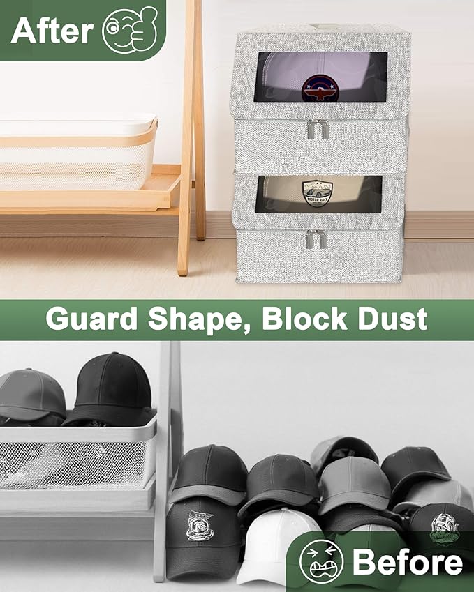 Stackable Hat Organzier for Baseball Caps, 2 PCS Hat Storage Holder Holds up to 24 Caps for Closet, Dust-Proof Hat Boxes Container with Clear Window for Home