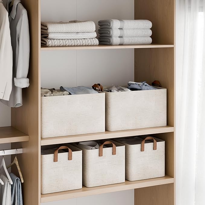StorageWorks Storage Bins, Shelves Baskets for Organizing, 45L Extra Large Fabric Closet Organizers with Handles, Metal Frame, Beige（Cotton-linen）, 2-Pack