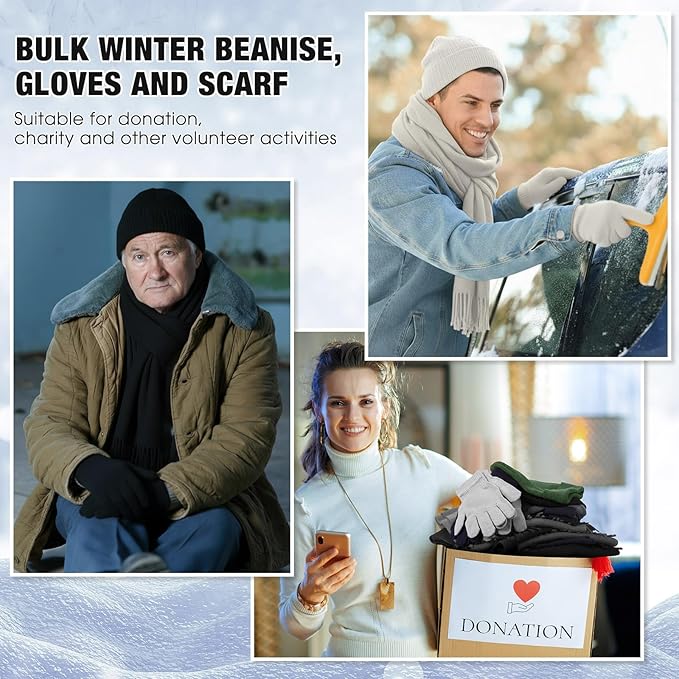 Unittype 300 Pcs Winter Beanies Gloves Scarf Set Bulk 100 Knit Skull Cap 100 Pair Winter Gloves 100 Neck Warmer for Men Women