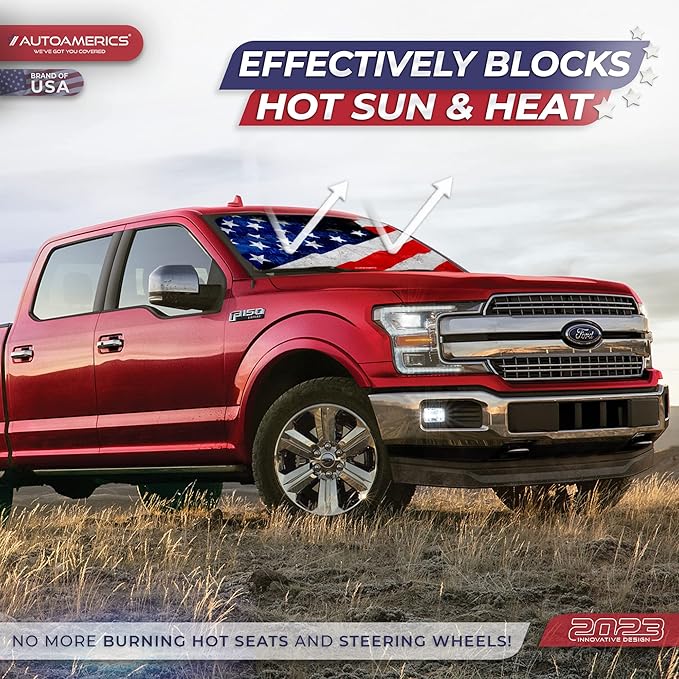 Autoamerics 1-Piece Windshield Sun Shade Grunge American Flag - 4 USA Design - Foldable Car Front Window Sunshade for Most Sedans SUV Truck - Blocks Max UV Rays and Keeps Your Vehicle Cool - Small