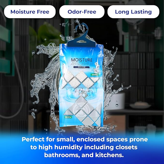 Hanging Moisture Absorber Fresh Cotton 10.6 oz/300g | Moisture Absorbing Bags for Bathroom, Closet, Kitchen & Vehicles | Removes Moisture, Humidity & Odors | Portable Dehumidifier | Set Of 20