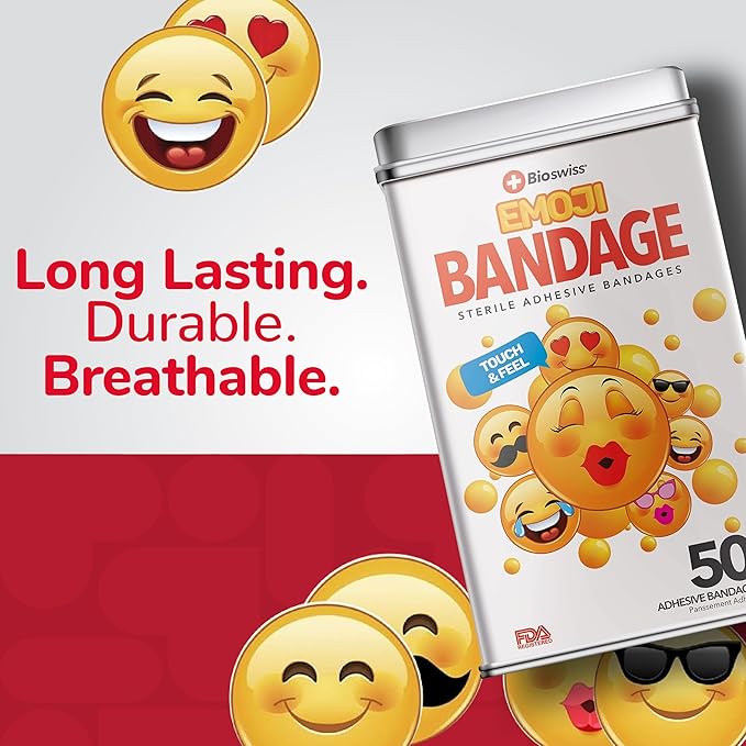 BioSwiss Kids Bandages, Emoji Shaped Self Adhesive Bandage Set, Latex Free, Sterile Wound Care, 50 Count