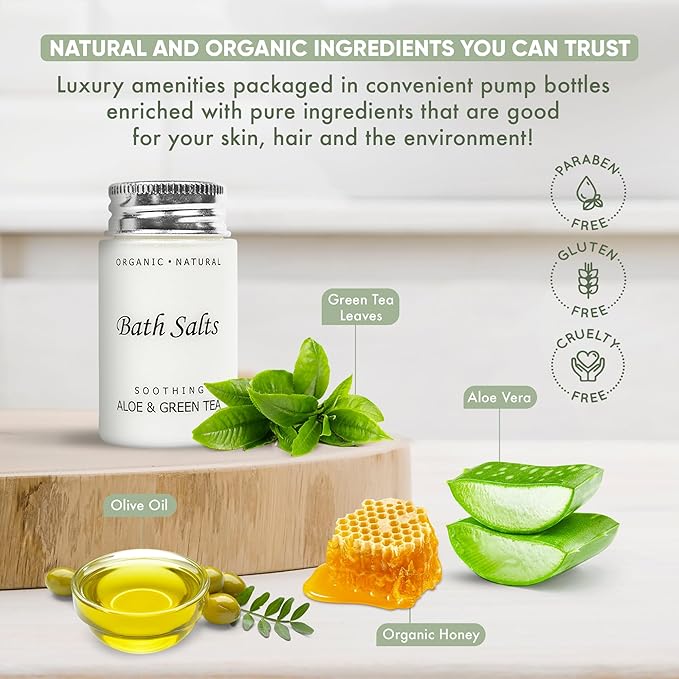 Soothing Aloe & Green Tea Bath Salts | 1.2oz Single-Use Hospitality/Travel Size Jar | Case of 50