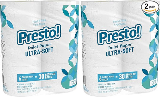 Amazon Brand - Presto! 2-Ply Ultra-Soft Toilet Paper, 12 Family Mega Rolls = 60 regular rolls, 6 Count (Pack of 2), Unscented, White