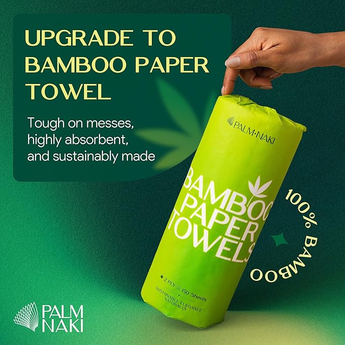 100% Bamboo Paper Towels | Lint-Free, Eco-Friendly, Tree-Free | 2-Ply Kitchen Paper Towel | Food Grade – FSC-Certified, BPA/PFAS-Free | 12 Mega Rolls – 150 Sheets/Roll | PALM NAKI