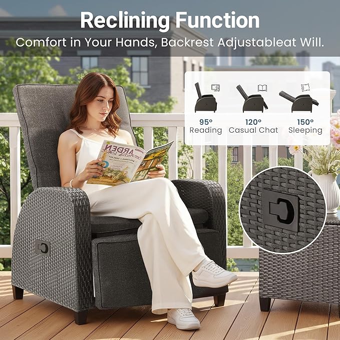 Outdoor Patio Recliner with Independently Adjustable Backrest and Footrest, All-Weather Wicker Patio Chair with Side Table, 160° Lay Flat Patio Reclining Lounge Chair for Backyard Garden, Grey