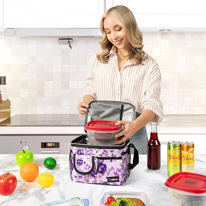 opux Insulated Lunch Bag for Men Women, Leakproof Floral Purple Lunch Box for Work, Portable Soft Lunch Cooler Bag with Shoulder Strap, Adult Lunchbox Lunch Pail for Kid Boy Girl School, 14 Can/8L