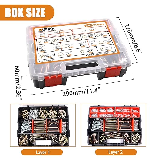 Mankk 202PCS Heavy Duty Hitch Pin Clip Assortment Kit - Tractor, Linch, PTO, R Clip, Hair Pins for Farm Tractors, Trailers, Trucks, Attachments, Lawn Mowers
