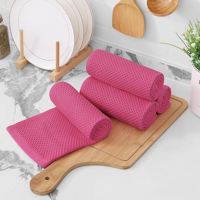 Kitinjoy 100% Cotton Waffle Weave Kitchen Towels, 8-Pack Super Soft and Absorbent Dish Towels for Drying Dishes, Kitchen Hand Towels, 13 in x 28 in, Hot Pink