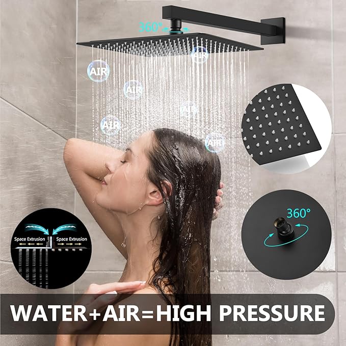 Shower Faucet Set Rainfall Shower System with Square Showerhead and Handle Set Fixture with 2 in 1 Function Handheld Sprayer Wall Mounted Trim Repair Kit Rough-in Valve 16 Inch Matte Black